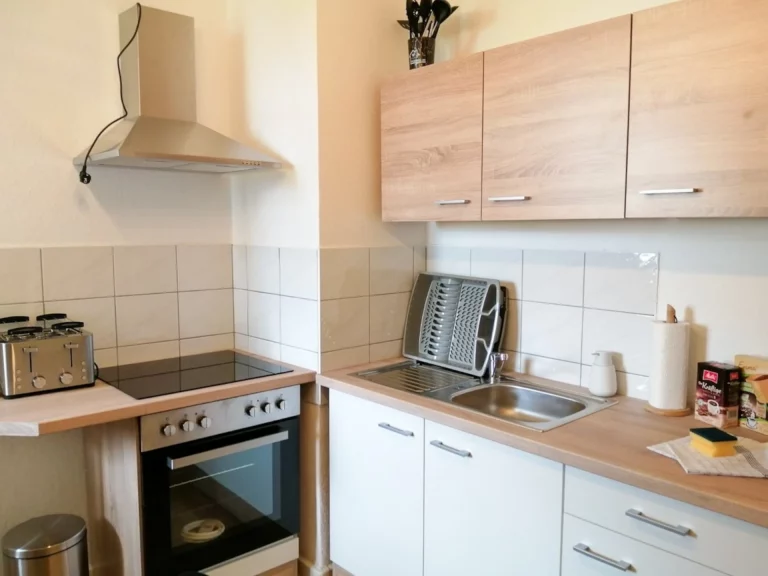 Spülbecken und Herd in der Apartment Südstadt Küche.